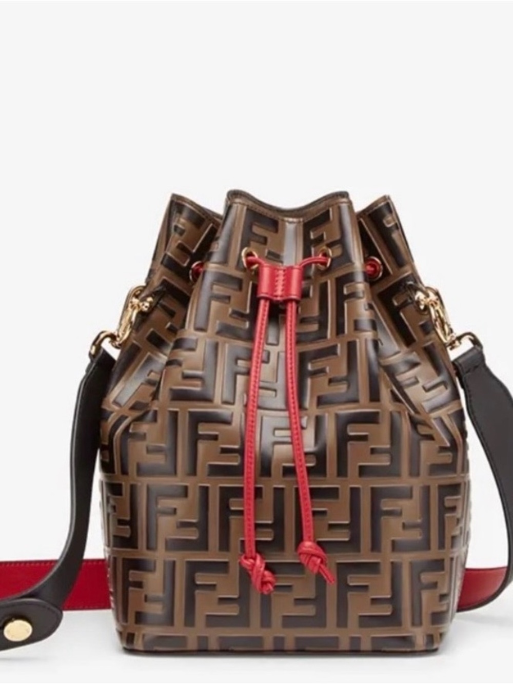 Fendi Brown Monogram Bucket Bag with Red Drawstring